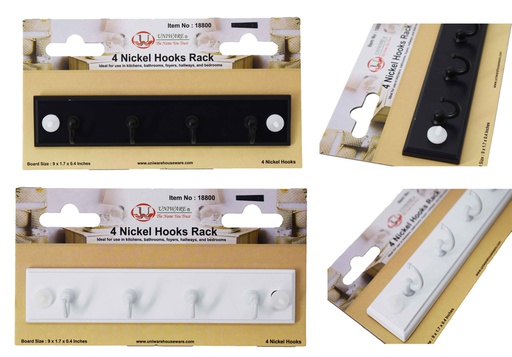 [18800] 9"x1.7" Mountable Hook Rack, 4 Hooks, Mixed Colors (24 pcs/ctn)