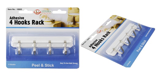 [18805] 5.5"x1" Adhesive Plastic Hook Rack, 4 Hooks (72 pc/ctn)