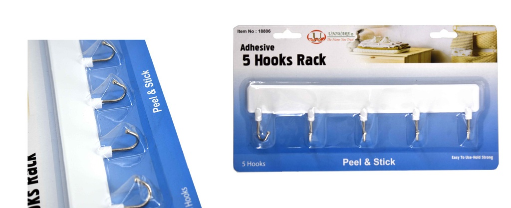 10.4"x1.2" Adhesive Plastic Hook Rack, 5 Hooks (72 pc/ctn)