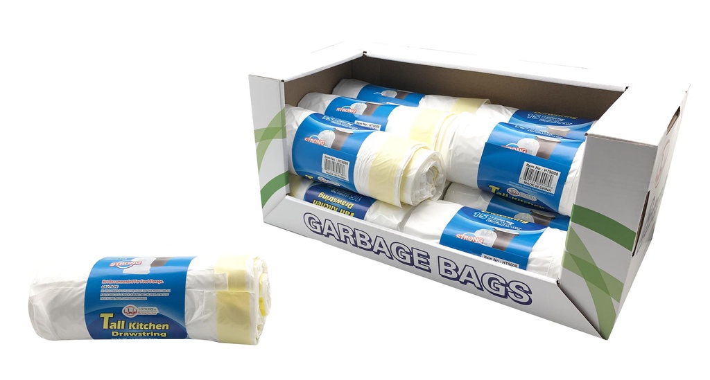 15 pc 13 Gallon Garbage Bags with Draw String, White (12 roll/ctn)
