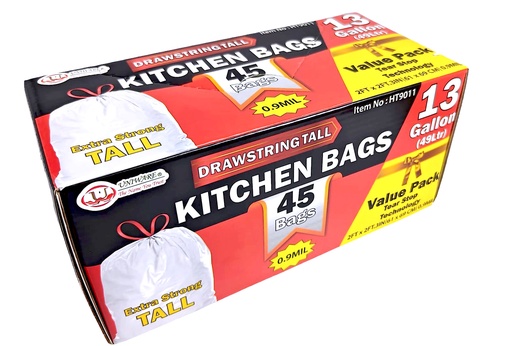[HT9011] 45 pc White 13 Gallon Garbage Bags w. Draw String,0.9mil (6 box/ctn)