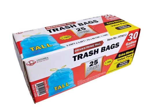 [HT9012] 25 pc Blue 30 Gallon Garbage Bags w. Draw String 1.1mil(6 box/ctn)