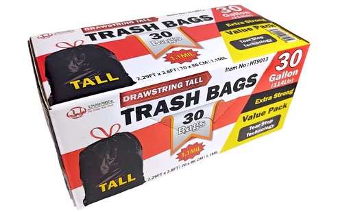 [HT9013] 30 pc Black 30 Gallon Garbage Bags w. Draw String,1.1mil(6 box/ctn)
