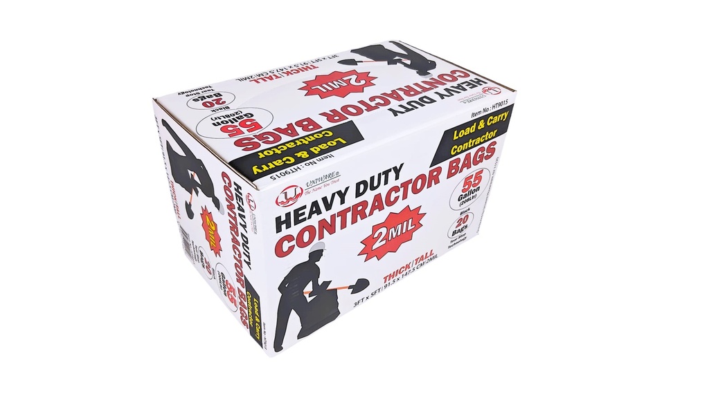 20 pc Black 55 Gallon Construction Garbage Bags, 2 mil (6 box/ctn)