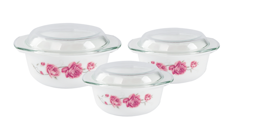 [RS999-3] 3 pc Rose Design Opal Glass Food Container Set (4 sets/ctn)