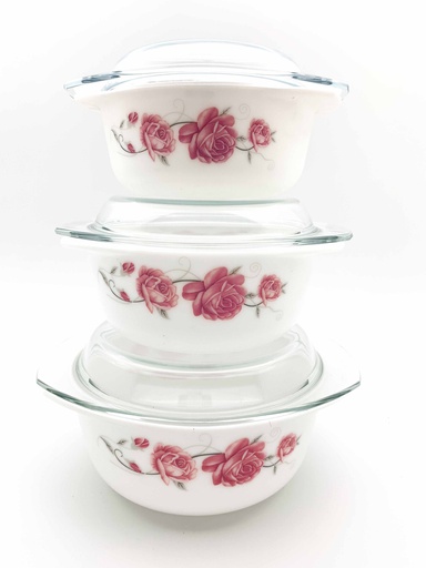 [RS999-3] 3 pc Rose Design Opal Glass Food Container Set (4 sets/ctn)
