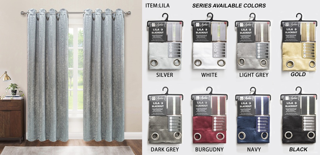 54"x84" Lila 54"x84" Elara 99% Blackout Grommet Window Curtain, 100% Polyester (12 pc/ctn)