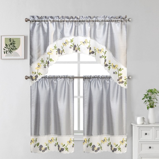 [WC59001GY] 27"x36", 54"x14" Lena Kitchen Curtain Set(12 pc/ctn)