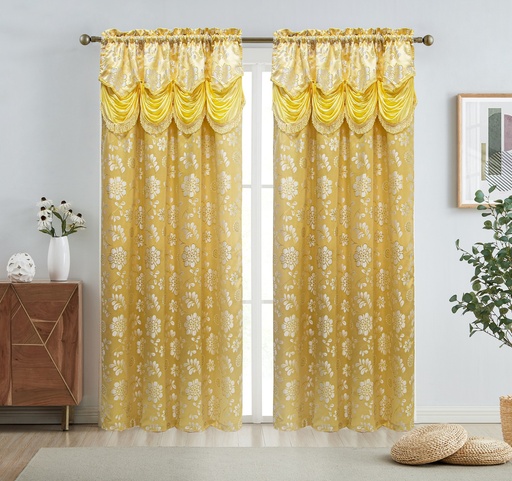 [WC59500GD] 54"x84" Mira Double Layer Jacquard Window Curtain w. Attached Valance (12 pc/ctn)