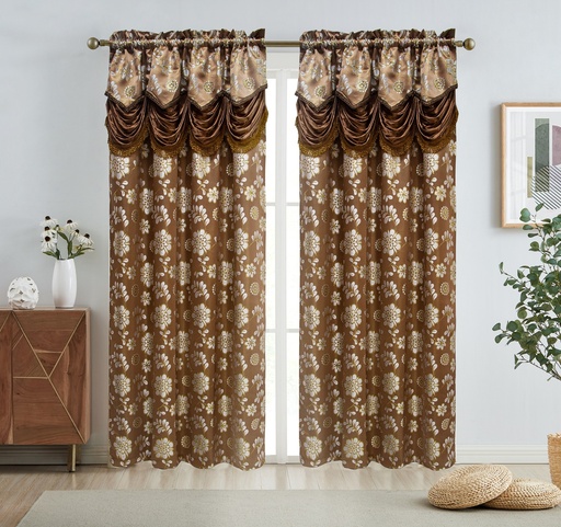 [WC59500BR] 54"x84" Mira Double Layer Jacquard Window Curtain w. Attached Valance (12 pc/ctn)