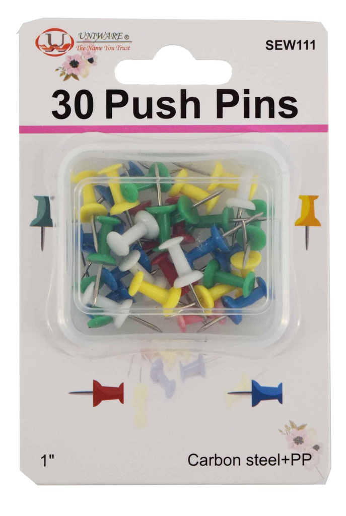 30 pc Carbon Steel &amp; PP Push Pins, Mixed Colors (288 pcs/ctn