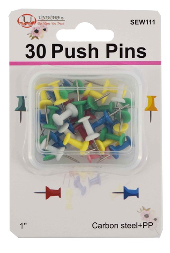 [SEW111] 30 pc Carbon Steel & PP Push Pins, Mixed Colors (288 pcs/ctn