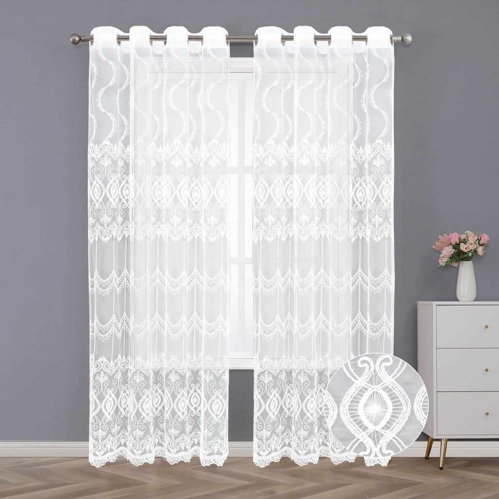 54"x 84" Sara Lace Grommet Window Curtain, Floral Embroidered Sheer Curtain (12 pc/ctn)
