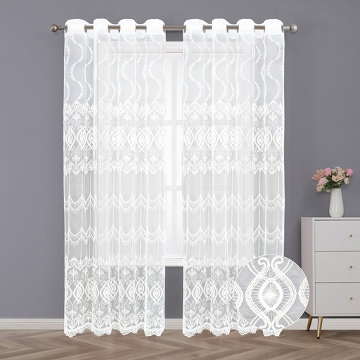 [WC58200WH] 54"x 84" Sara Lace Grommet Window Curtain, Floral Embroidered Sheer Curtain (12 pc/ctn)