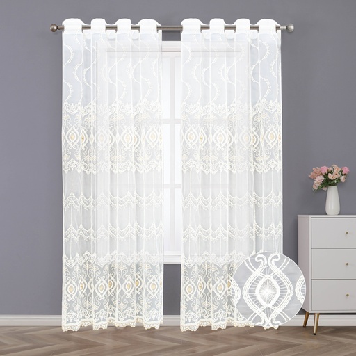 [WC58200GD] 54"x 84" Sara Lace Grommet Window Curtain, Floral Embroidered Sheer Curtain (12 pc/ctn)