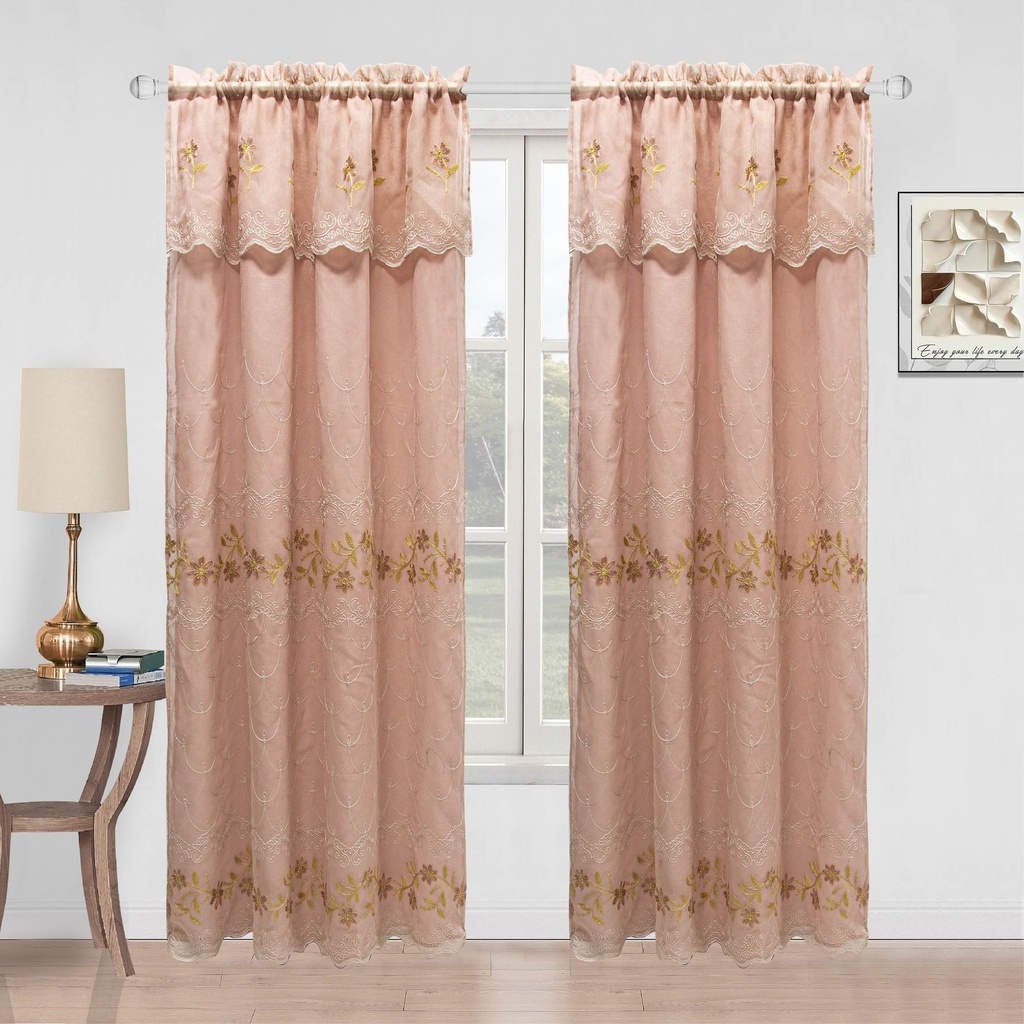 54"x 84" Elena Faux Silk Embroidery Rod Pocket Window Curtain w. Valance and Satin Backing (12 pc/ctn)
