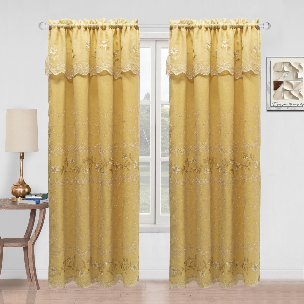 54"x 84" Elena Faux Silk Embroidery Rod Pocket Window Curtain w. Valance and Satin Backing (12 pc/ctn)