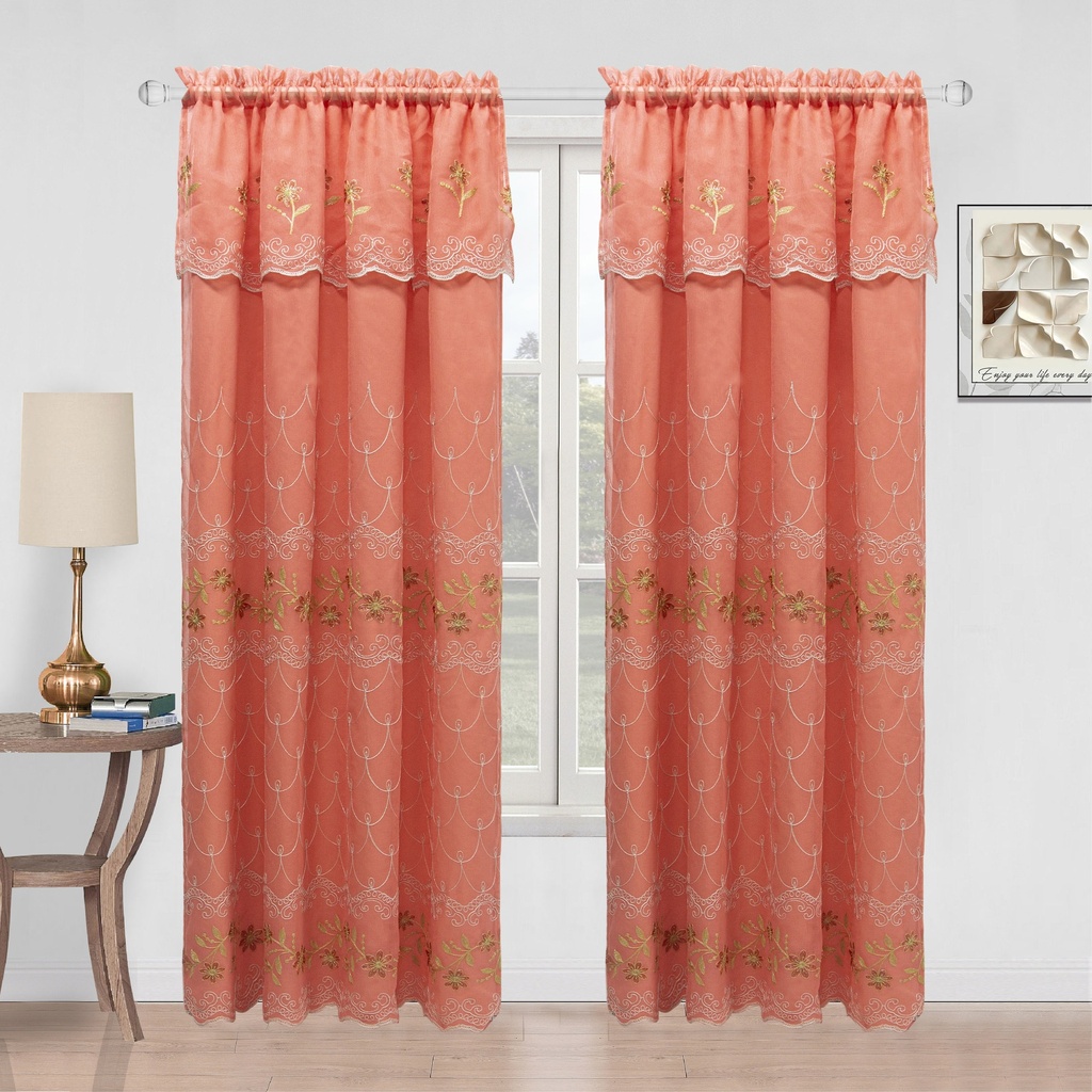 54"x 84" Elena Faux Silk Embroidery Rod Pocket Window Curtain w. Valance and Satin Backing (12 pc/ctn)