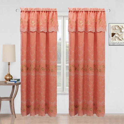 [WC59105CL] 54"x 84" Elena Faux Silk Embroidery Rod Pocket Window Curtain w. Valance and Satin Backing (12 pc/ctn)