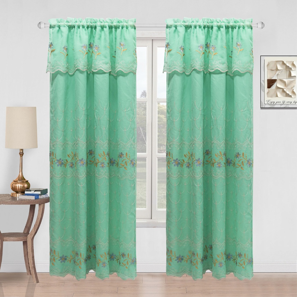 54"x 84" Elena Faux Silk Embroidery Rod Pocket Window Curtain w. Valance and Satin Backing (12 pc/ctn)