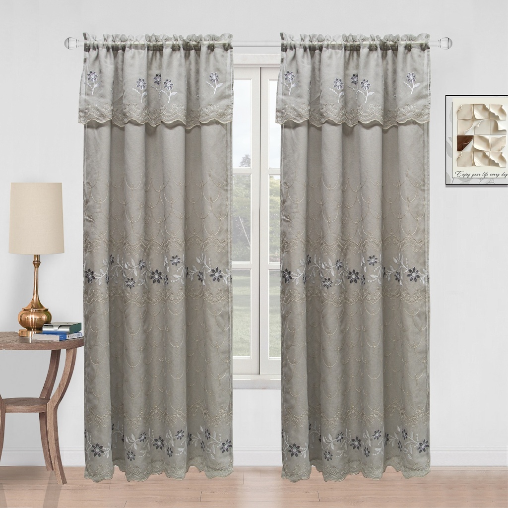 54"x 84" Elena Faux Silk Embroidery Rod Pocket Window Curtain w. Valance and Satin Backing (12 pc/ctn)