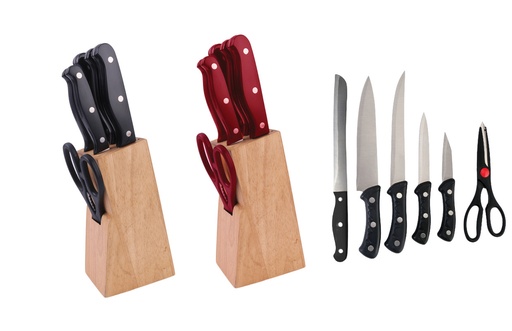 [20354] 7 pc Knife, Scissors and Wooden Block Set (6 sets/ctn)