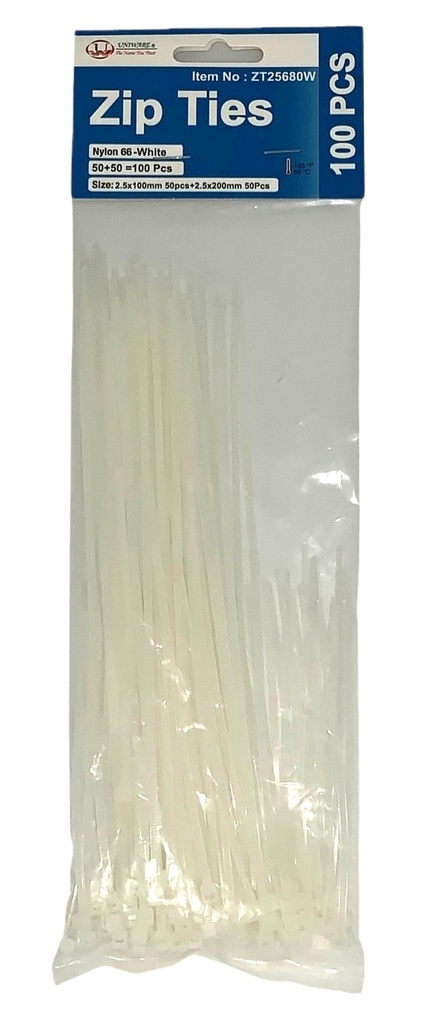 50pc 4"+ 50pc 8" Nylon Zip Ties, 0.1" W , White(48 bag/ctn)