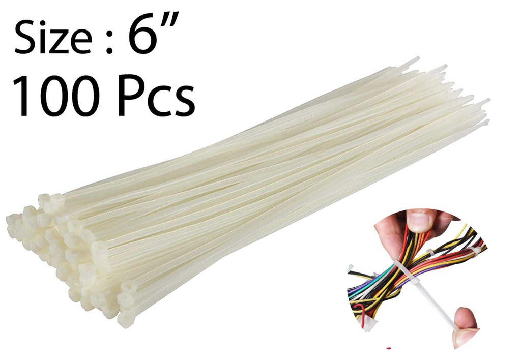 100pc 6" Nylon Zip Ties, 0.14" W,White (48 bag/ctn)