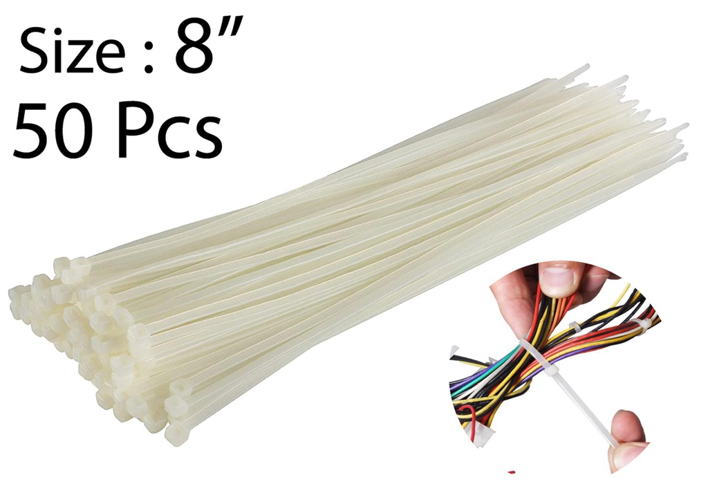 50pc 8" Nylon Zip Ties, 0.19" W, White (48 bag/ctn)