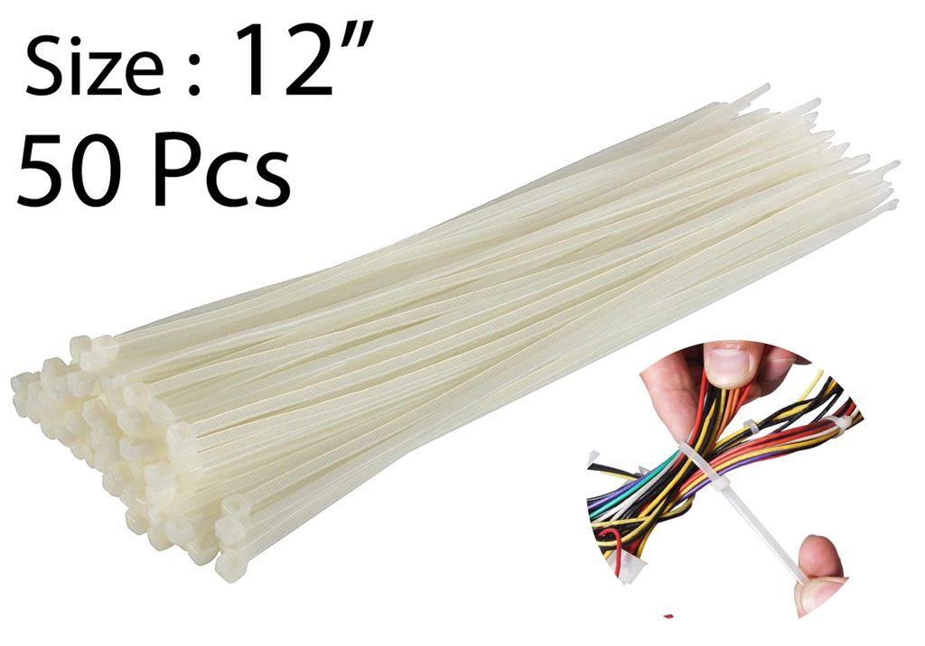 50pc 12" Nylon Zip Ties, 0.19" W, Nylon 66, White(48 bag/ctn
