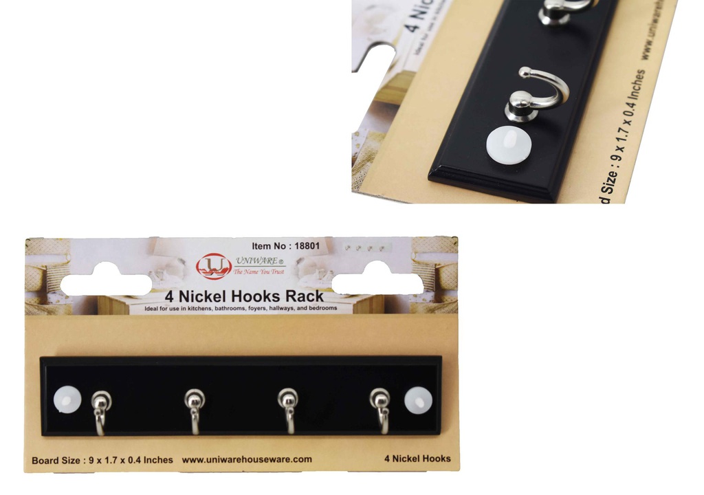 9"x1.7" Hook Rack, 4 Nickel Hooks, Black (24 pc/ctn)