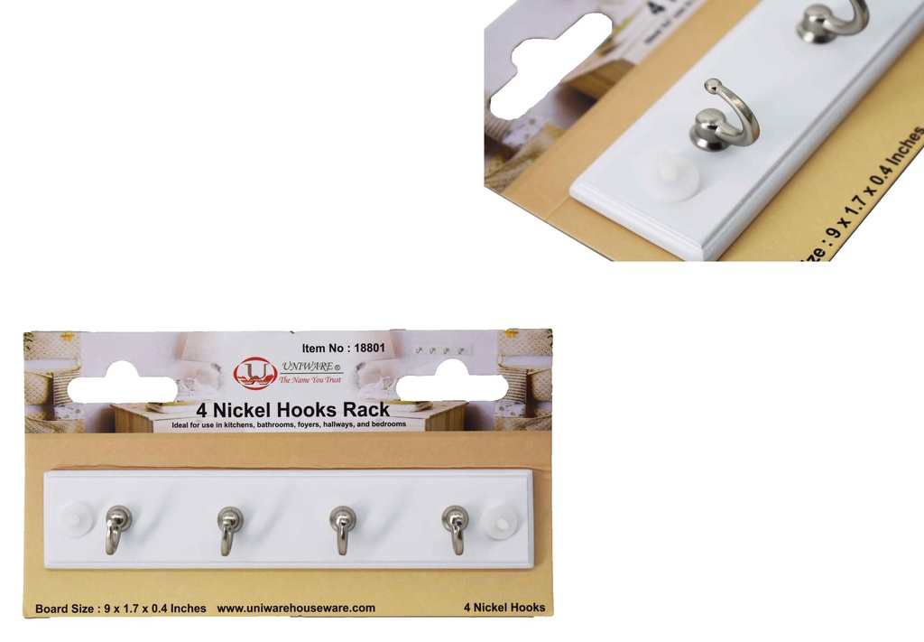 9"x1.7" Hook Rack, 4 Nickel Hooks, White (24 pc/ctn)