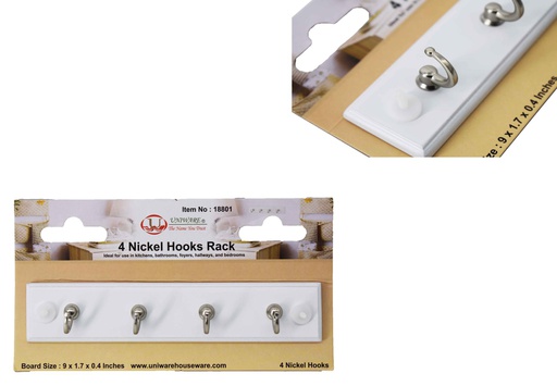 [18801WH] 9"x1.7" Hook Rack, 4 Nickel Hooks, White (24 pc/ctn)