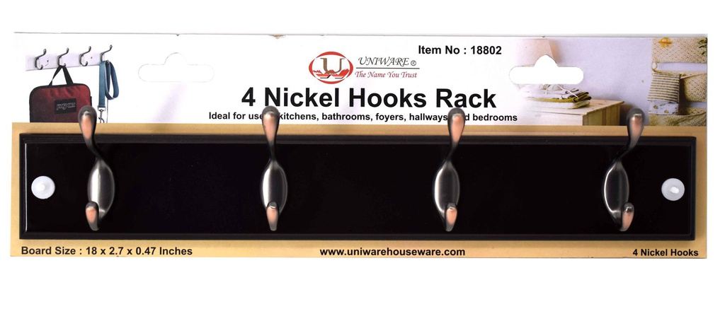 18"x2.7" Mountable Hook Rack, 4 Nickel Hooks, Black (12 pc/ctn)