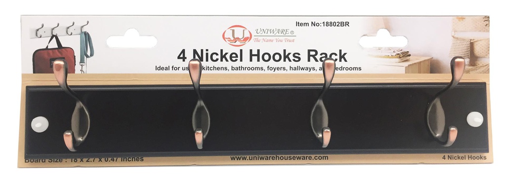 18"x2.7" Mountable Hook Rack, 4 Nickel Hooks, Brown (12 pc/ctn)
