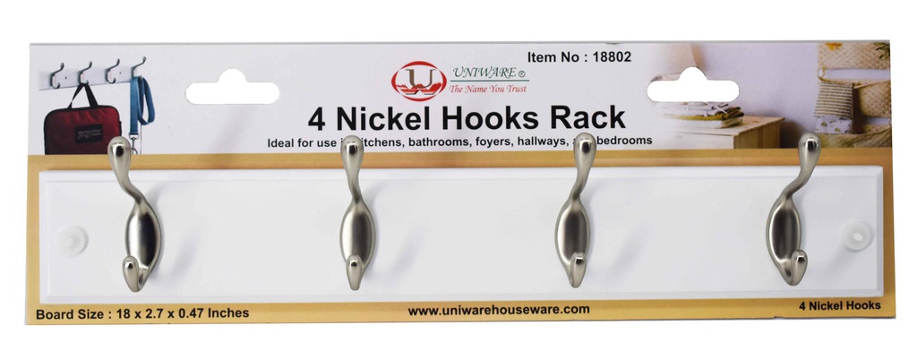 18"x2.7" Mountable Hook Rack, 4 Nickel Hooks, White (12 pc/ctn)