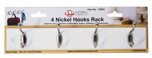 [18802WH] 18"x2.7" Mountable Hook Rack, 4 Nickel Hooks, White (12 pc/ctn)