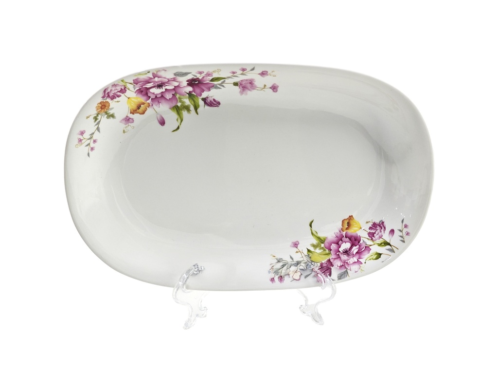 12" Porcelain Oval Plate, Pink Flower (12 pc/ctn)