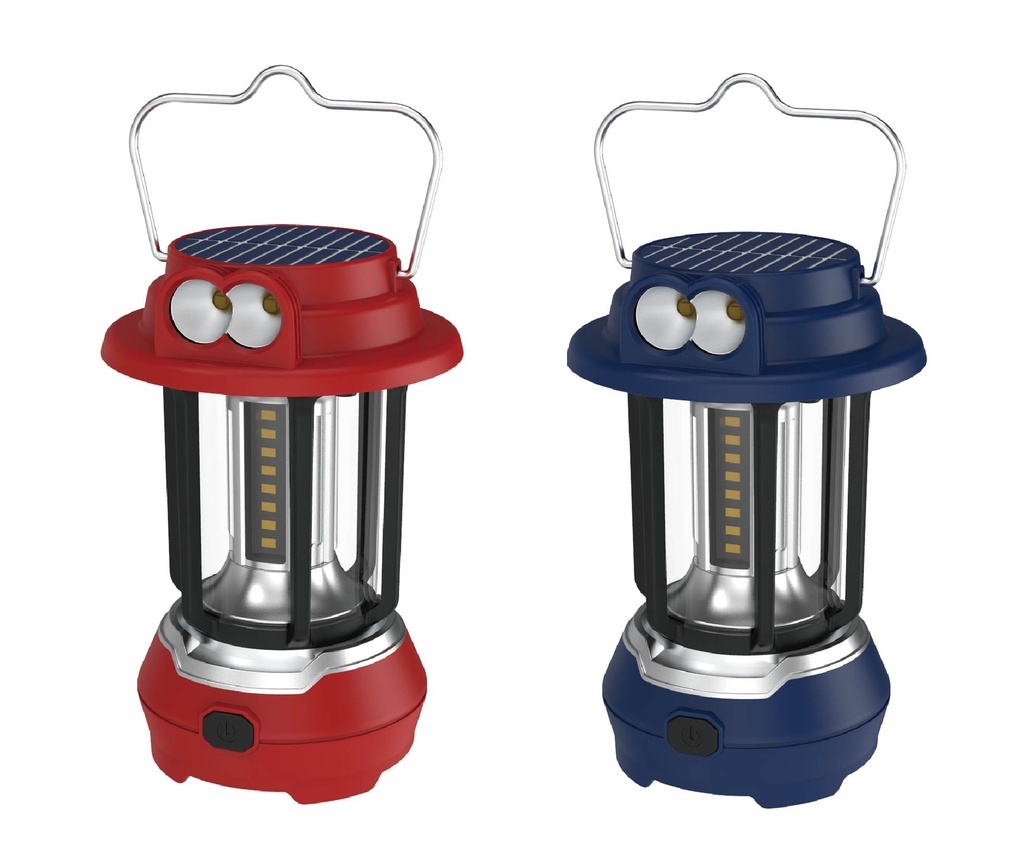 7" LED Lantern with 2 Lights + 2 Flashlights, USB/Solar Rechargeable, Handle, Removable Stand, 1200mAh Li-ion Battery (12 pc/ctn)