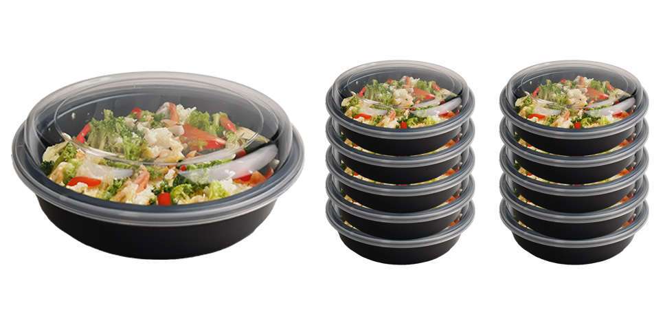 32oz(946ml) 10pc/set Round Food Container, Microwavable, Clear Lid (12 set/ctn)