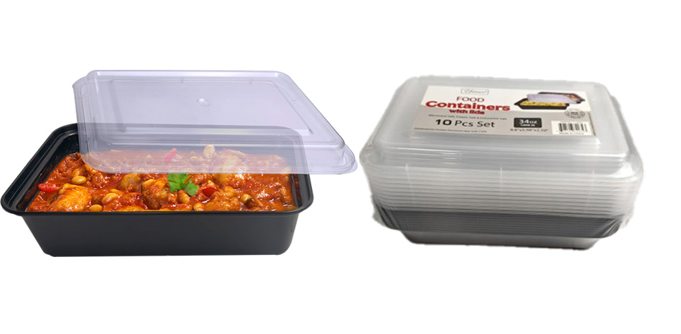 34oz(1006ml) 10pc/set Rectangular Food Container, Microwavable, Clear Lid (12 set/ctn)