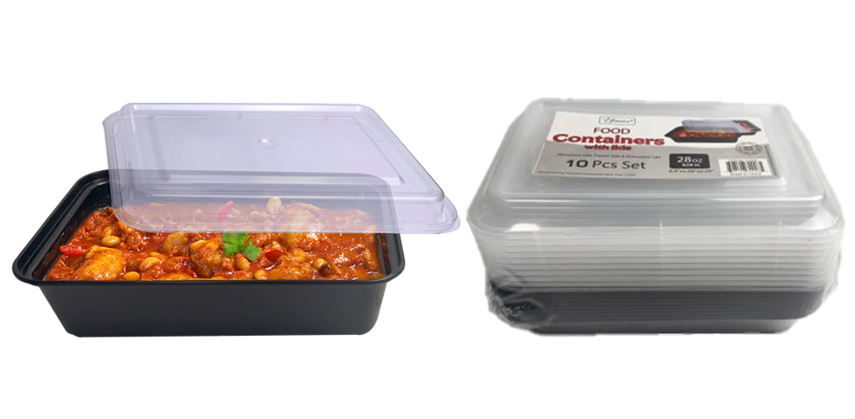 28oz(828ml) 10pc/set Rectangular Food Container, Microwavable, Clear Lid (12 set/ctn)