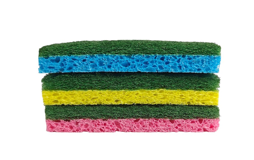 3 pc Sponge Scratch Scouring Pads,11x7x1.8cm, Blue/Yellow/Pink (24 pc/ctn)