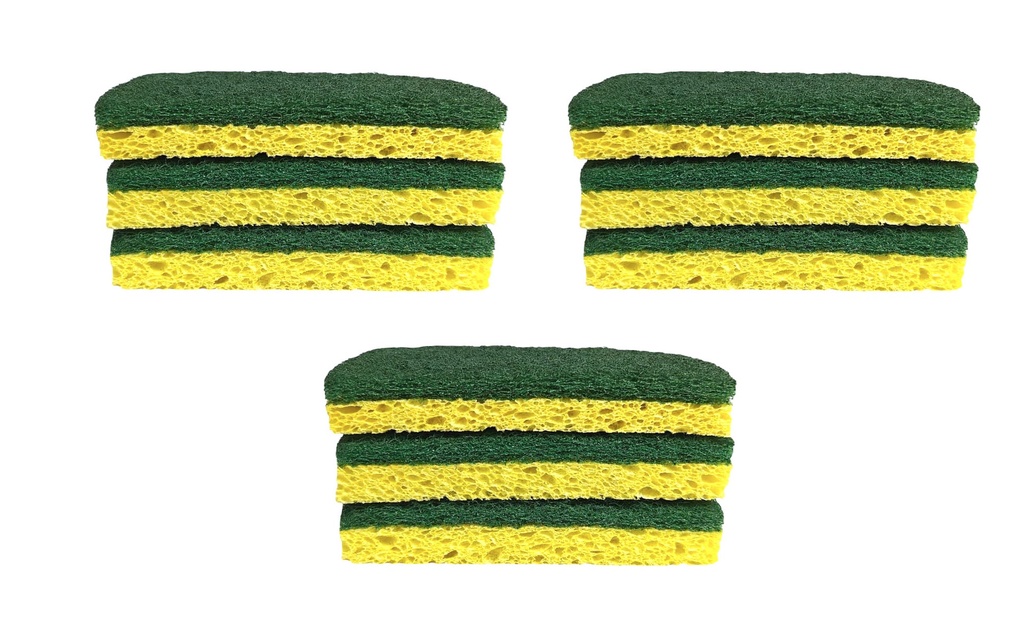 9 pc Sponge Scratch Scouring Pads, 11x7x1.8cm, Green/Yellow(24 bag/ctn)