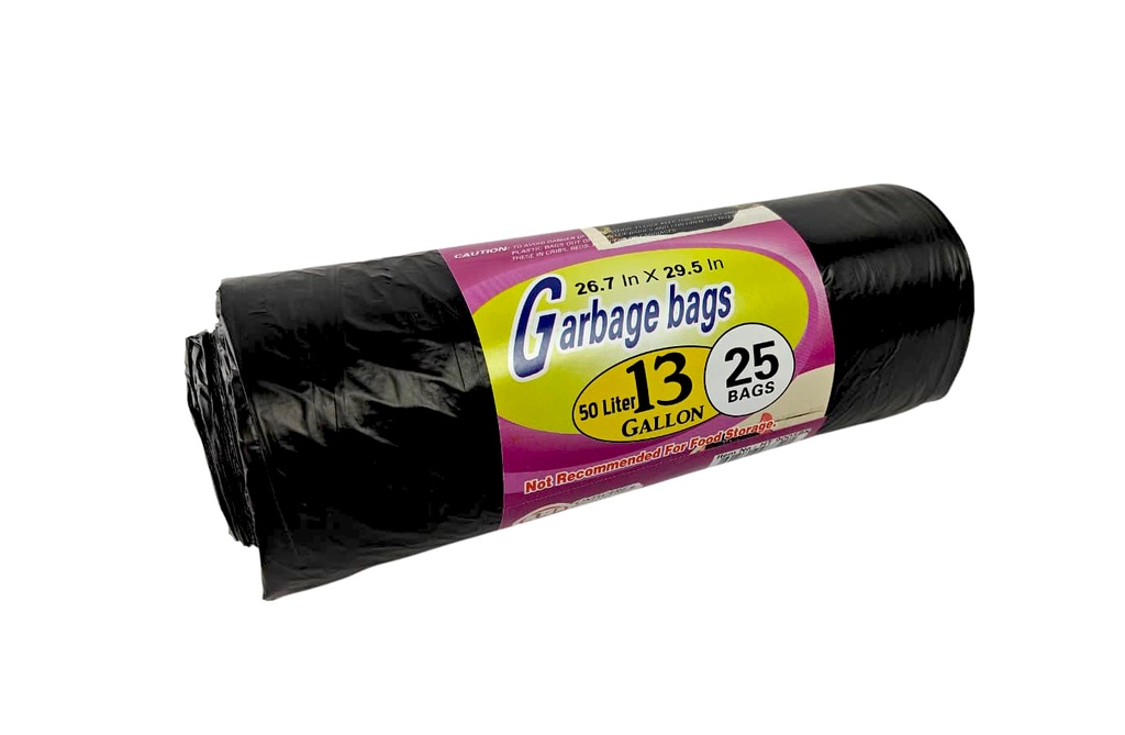 25 pc 13 Gallon Garbage Bags, Black(27 roll/ctn)