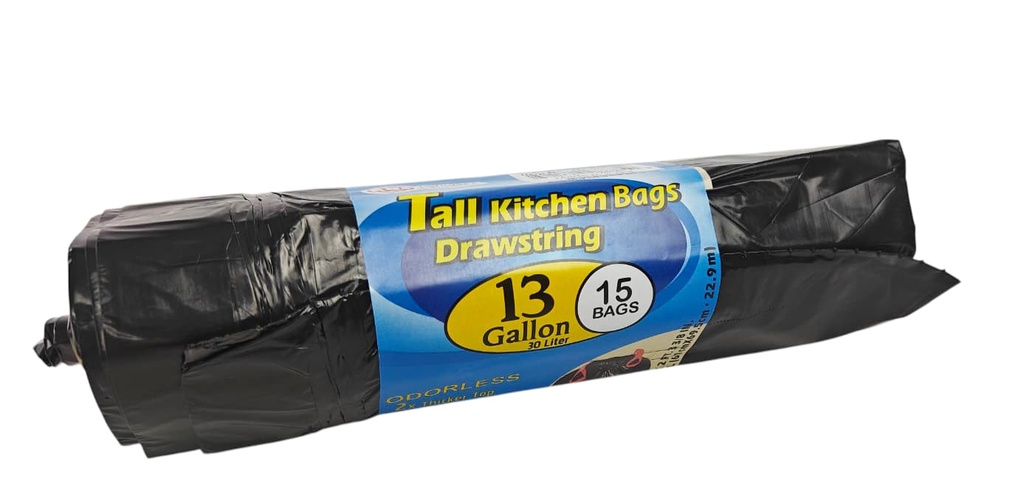 15 pc 13 Gallon Garbage Bags with Draw String, Black (12 roll/ctn)