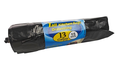 [HT9008BK] 15 pc 13 Gallon Garbage Bags with Draw String, Black (12 roll/ctn)