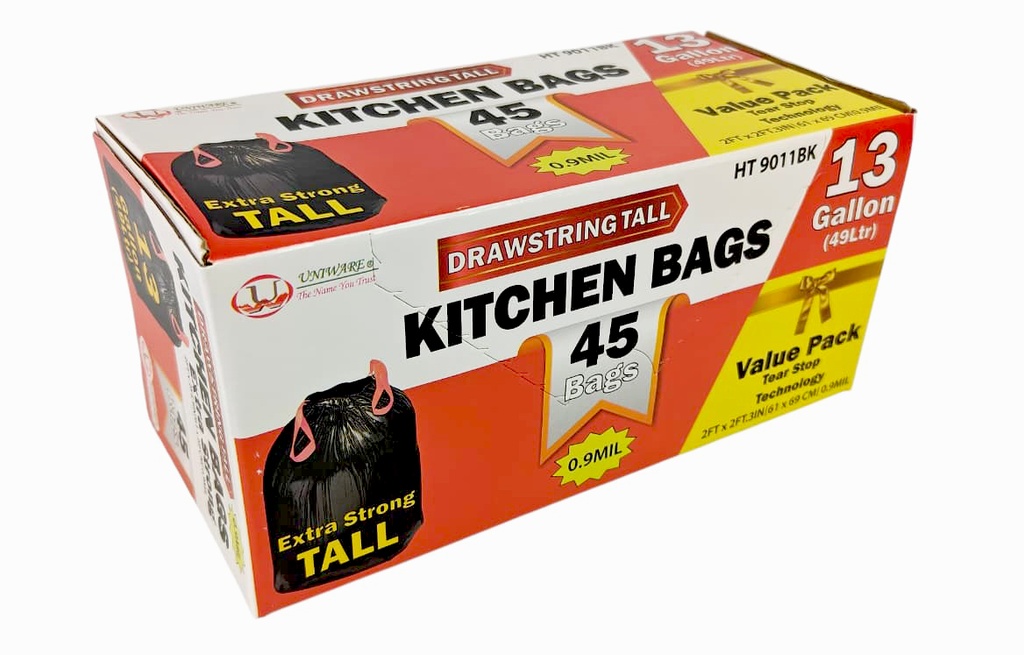 45 pc 13 Gallon Garbage Bags w. Draw String, Black, 0.9mil (6 box/ctn)