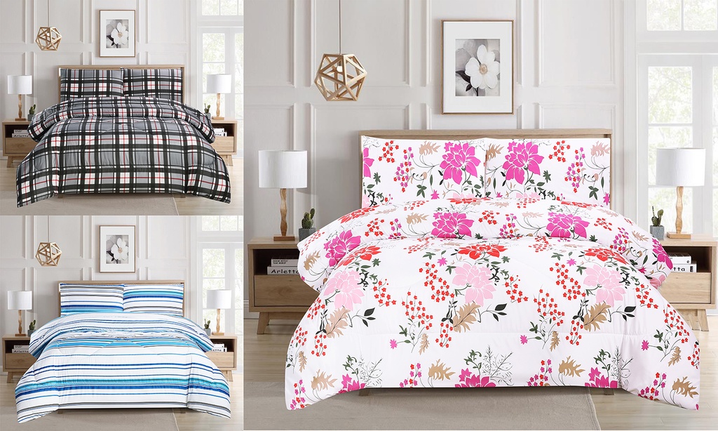 Full Size Comforter, 100% Microfiber, 80 GSM, 200g Filling, Assorted 3 Designs (6 pc/ctn)
