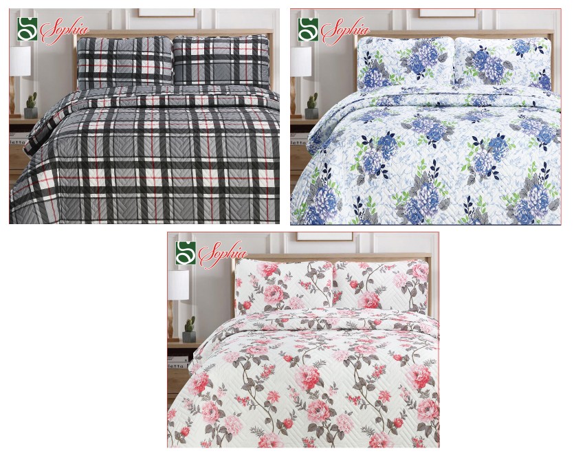 3 Pieces Full Size Quilt Set, 150g Filing,100% Microfiber, 80 GSM, Assorted 3 Designs (12 set/ctn)